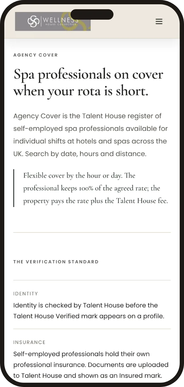 Talent House Agency cover: spa professionals on cover when your rota is short, with the verification standard