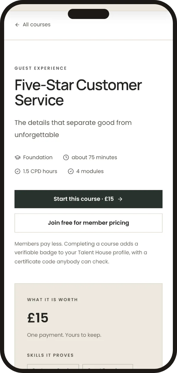 A Talent House Academy course page: Five-Star Customer Service, 1.5 CPD hours, 4 modules, £15