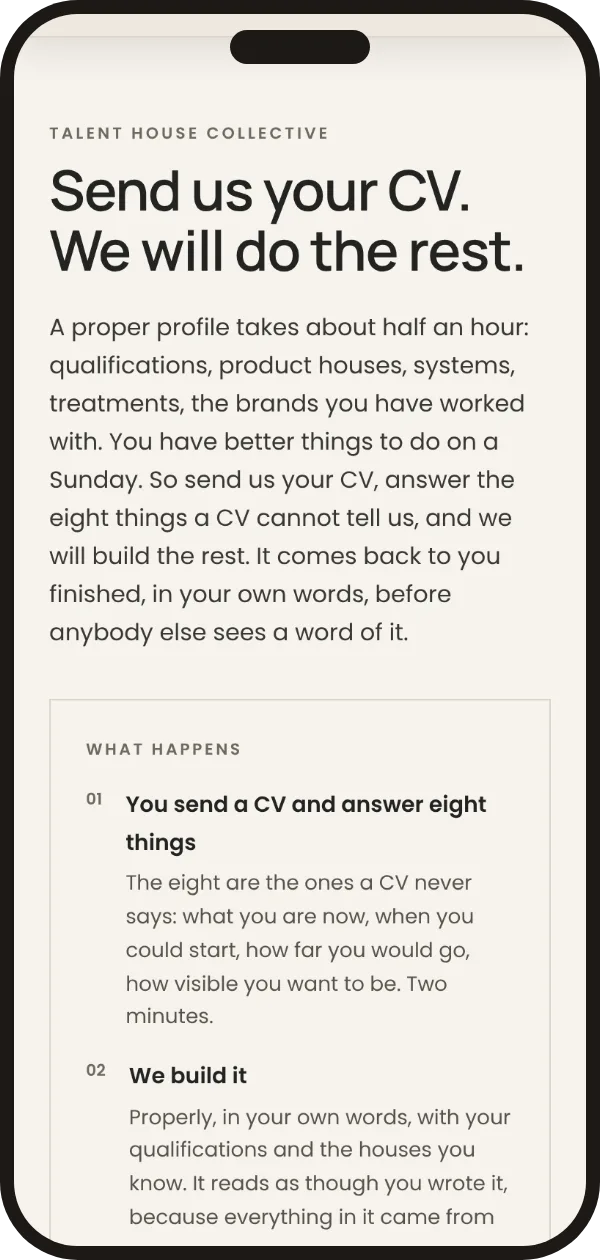 Talent House's Send us your CV page: send a CV, answer eight questions and Talent House builds the profile
